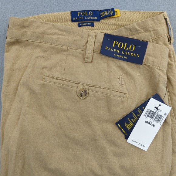 Polo Ralph Lauren Pants Mens 46x30 Beige Classic Fit Khaki Linen Blend Golf - Picture 1 of 11